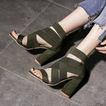 Stretch Fabric cross Straps thick Heel Sandals