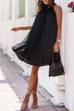 Satin Crinkled Sleeveless Stand-Neck Dress