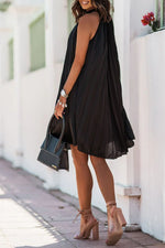 Satin Crinkled Sleeveless Stand-Neck Dress