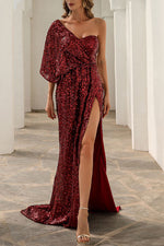 One Shoulder Irregular Sequin Maxi Dress