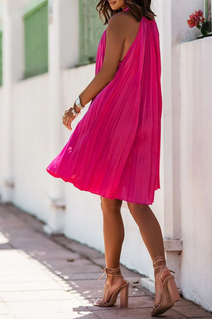 Satin Crinkled Sleeveless Stand-Neck Dress