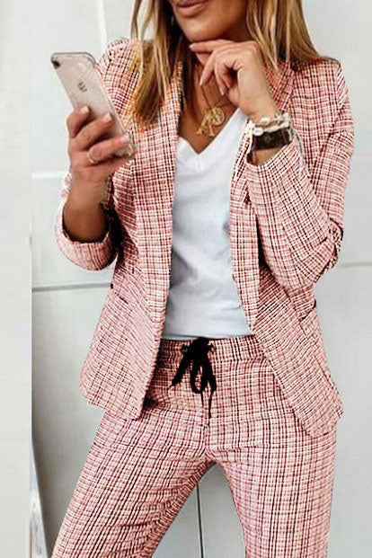 Ensemble manteau blazer à carreaux et pantalon à cordon de serrage