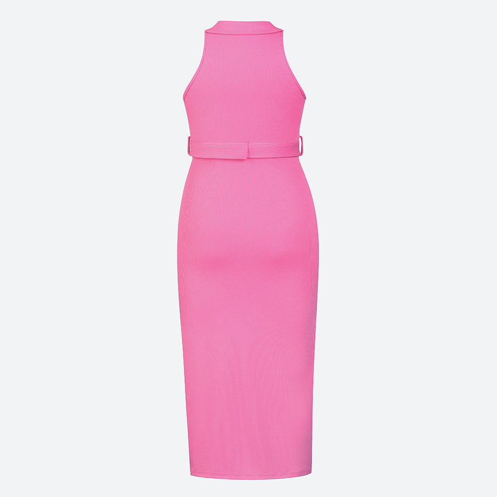 Turn-down Collor Sleeveless Knitted Bodycon Dress