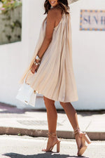 Satin Crinkled Sleeveless Stand-Neck Dress