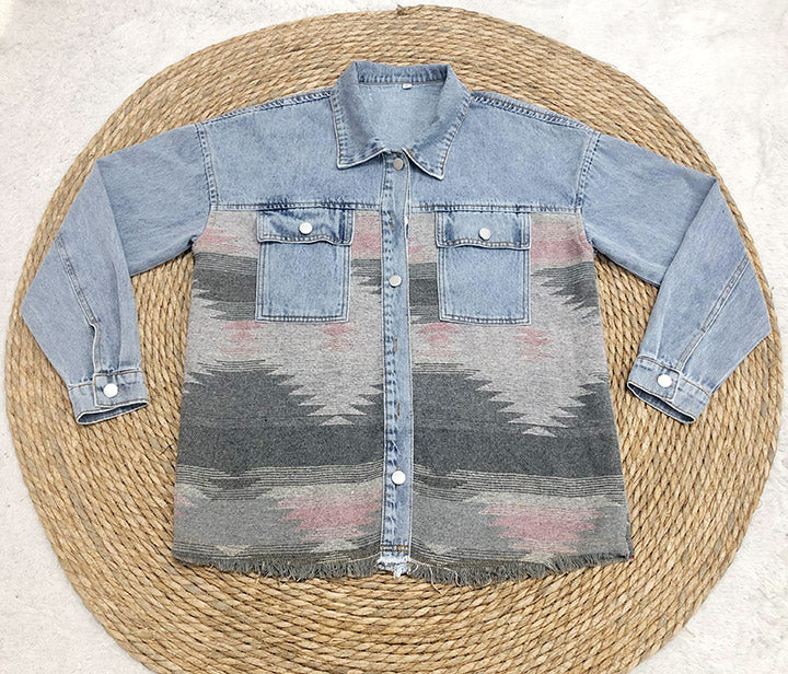 Retro Azteken-Jeans-Patchwork-Jacke mit Reverstasche