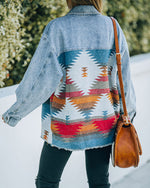Retro Azteken-Jeans-Patchwork-Jacke mit Reverstasche