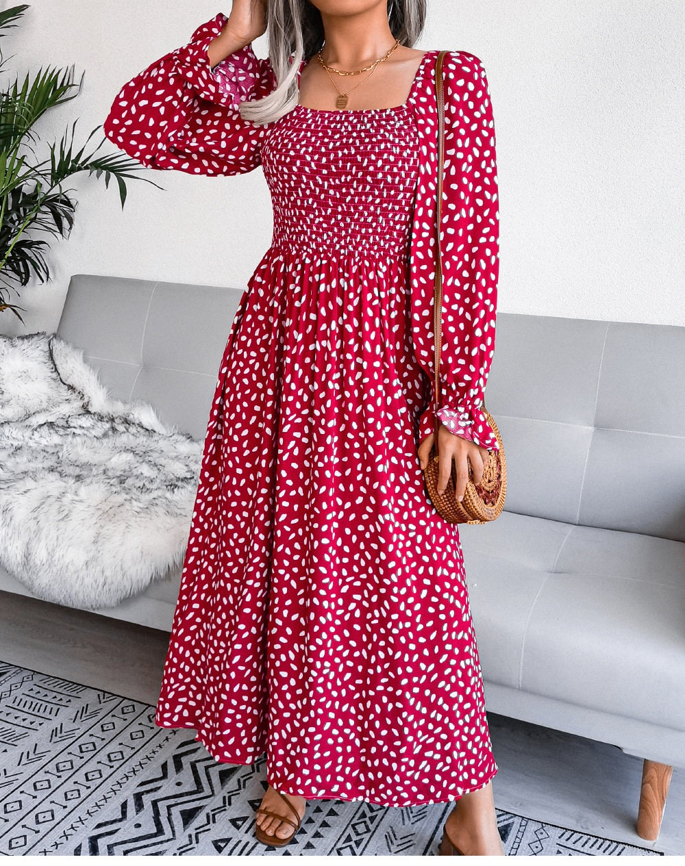 Elegant Square Neck A Line Pleated Dress