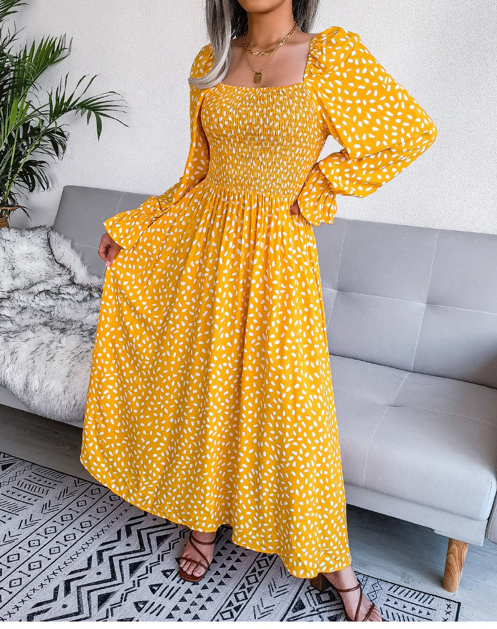 Elegant Square Neck A Line Pleated Dress