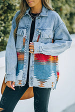 Retro Azteken-Jeans-Patchwork-Jacke mit Reverstasche