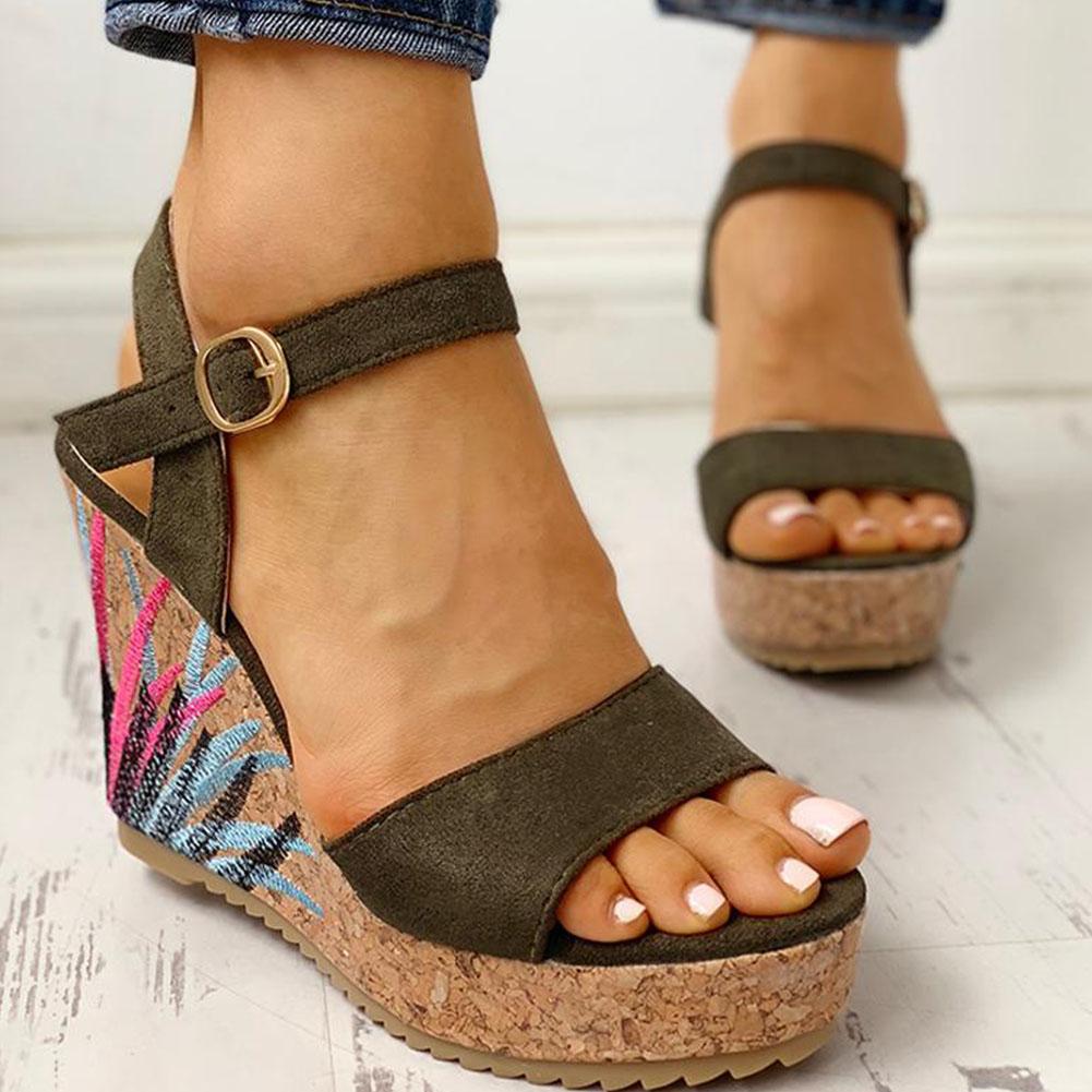 Ankle-strap Leaf Print Wedges Sandals - Pavacat