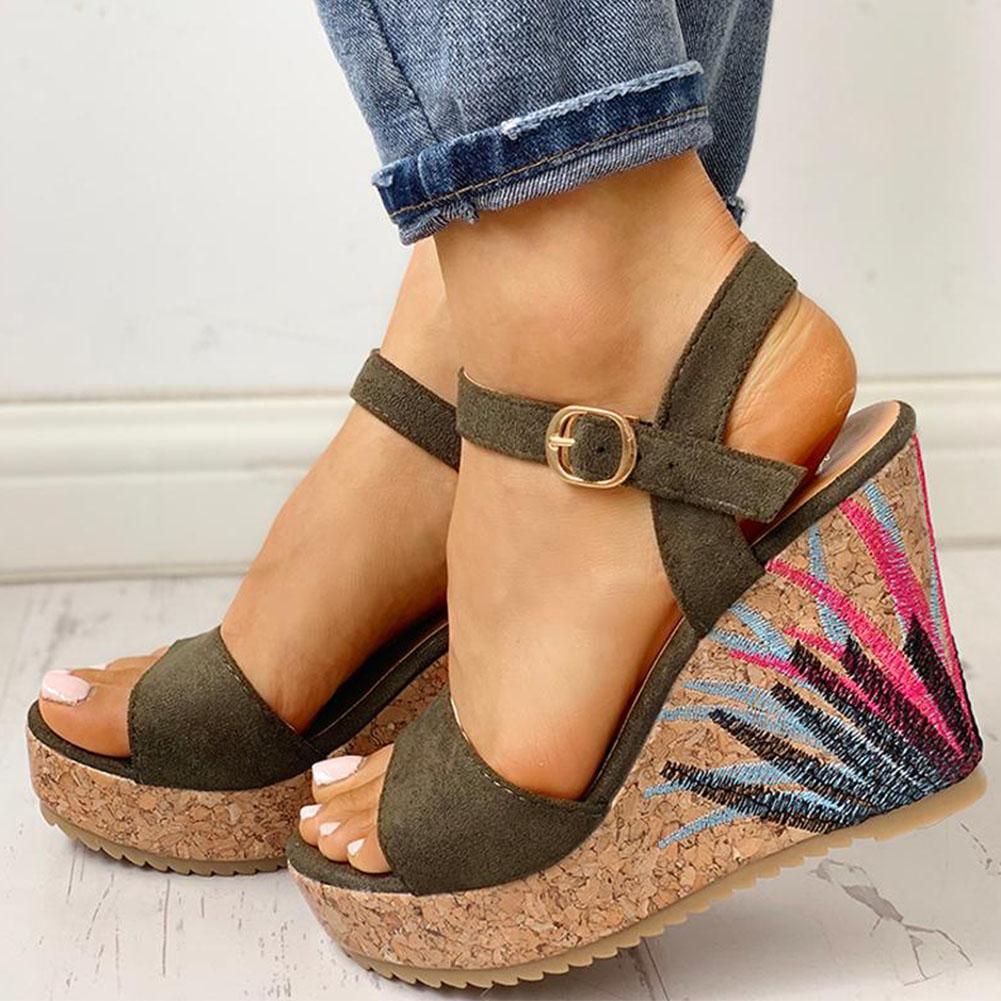 Ankle-strap Leaf Print Wedges Sandals - Pavacat