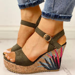 Ankle-strap Leaf Print Wedges Sandals - Pavacat