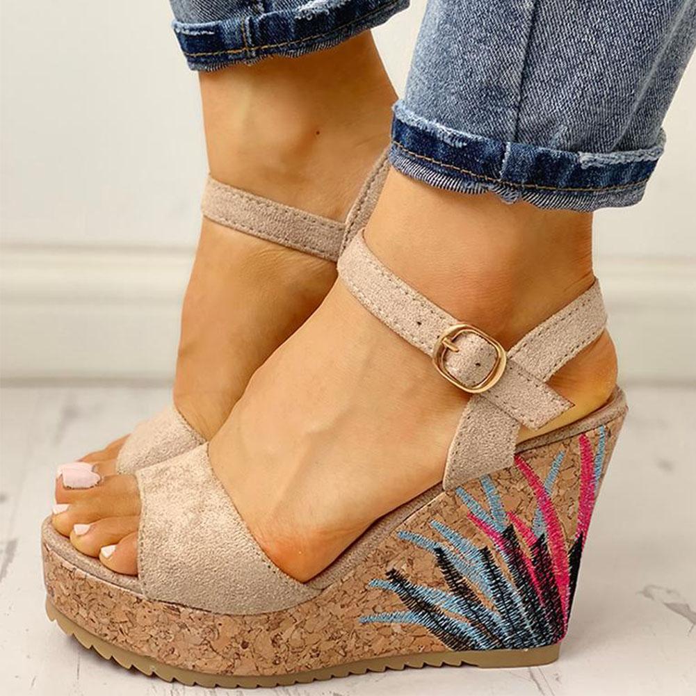 Ankle-strap Leaf Print Wedges Sandals - Pavacat