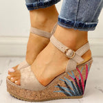 Ankle-strap Leaf Print Wedges Sandals - Pavacat