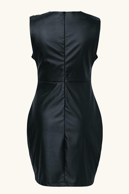 Black PU Leather Ruched Bodycon Dress - Pavacat