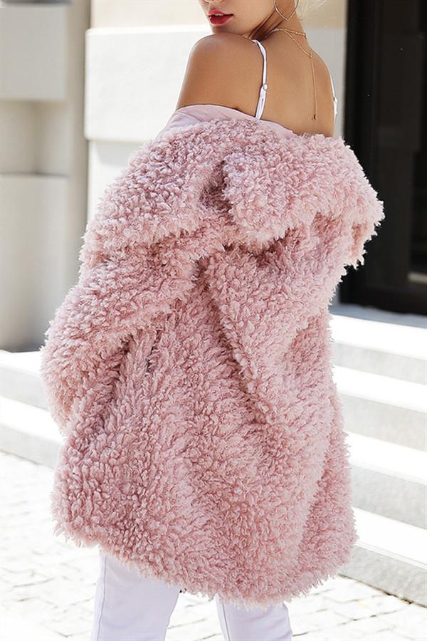 Casual Pink Faux Fur Long Coat Coat Simplee