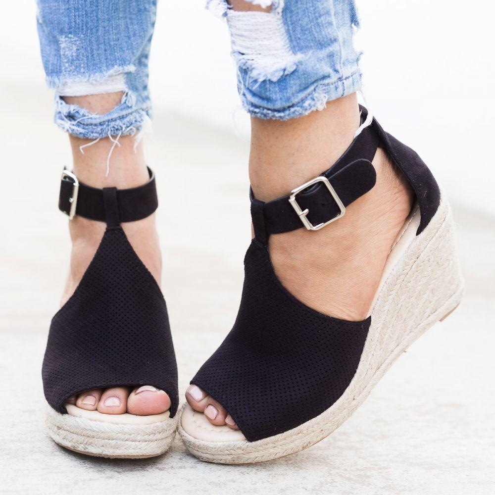 Chic Espadrille Wedges Adjustable Buckle Sandals Sandals xiaolai US5.5(LABEL SIZE 35) Black