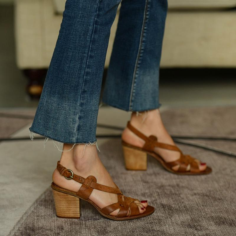 Chunky Heel Sandals Leather Sandals Sandals Pavacat