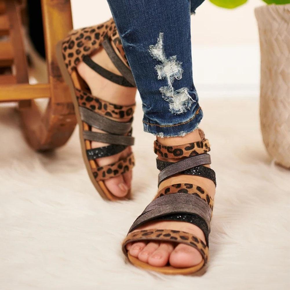 Cross Bandage Leopard Rome Sandals - Pavacat