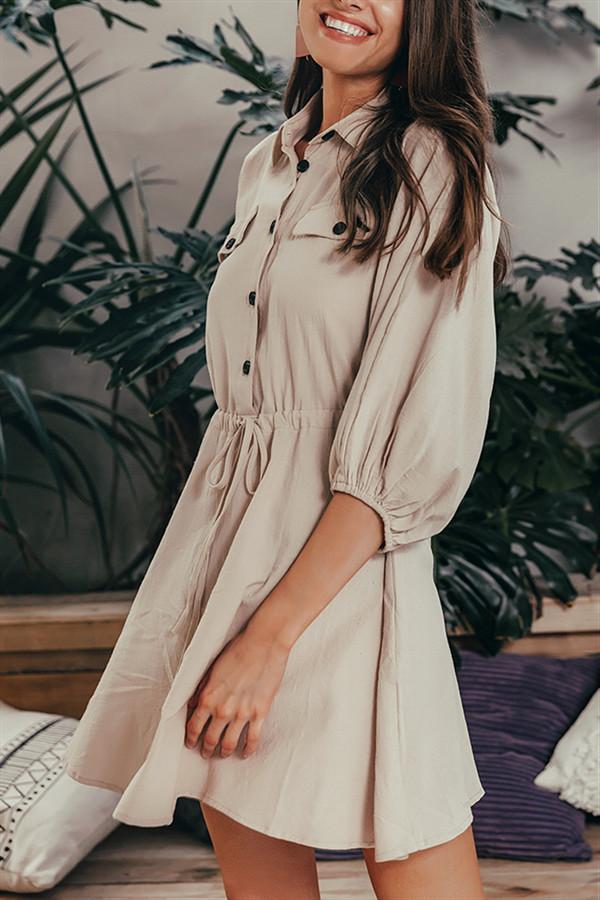 Elegant Linen Lantern Sleeve Shirt Dress - Pavacat