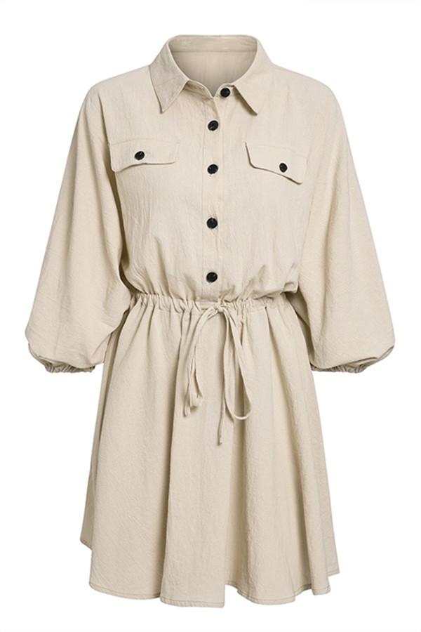 Elegant Linen Lantern Sleeve Shirt Dress - Pavacat