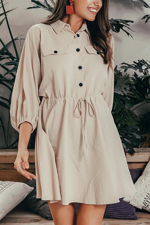 Elegant Linen Lantern Sleeve Shirt Dress - Pavacat