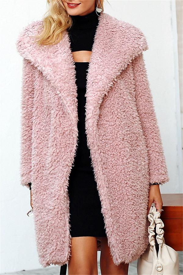 Elegant Pink Long Faux Fur Coat Coat Simplee S Pink