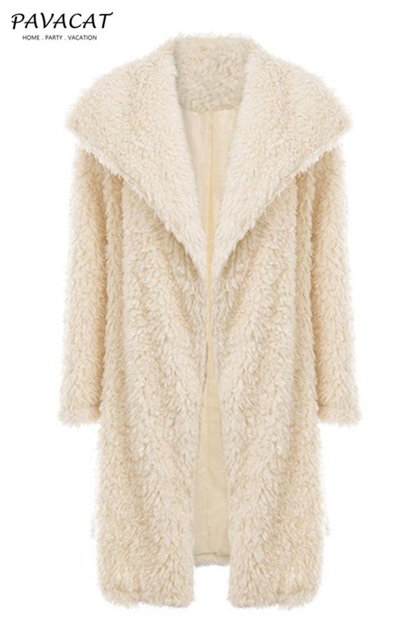 Elegant Pink Long Faux Fur Coat Coat Simplee S White