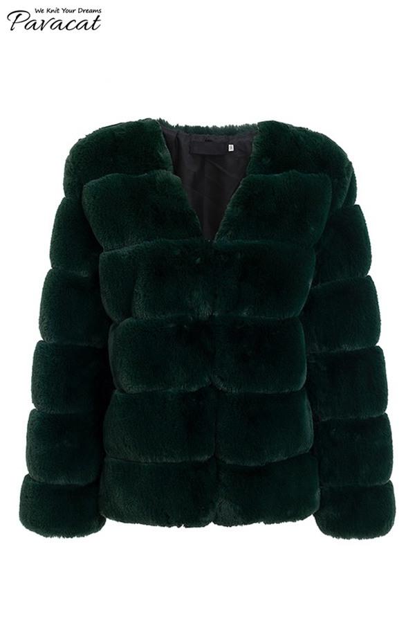 Elegant Thick Fluffy Faux Fur Coat - Dark Green Coat Simplee