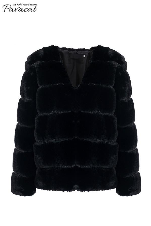 Elegant Thick Fluffy Faux Fur Coat - Dark Green Coat Simplee S Black