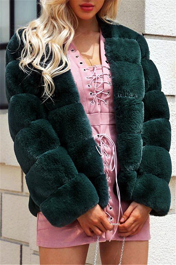 Elegant Thick Fluffy Faux Fur Coat - Light Gray Coat Simplee S Darkgreen