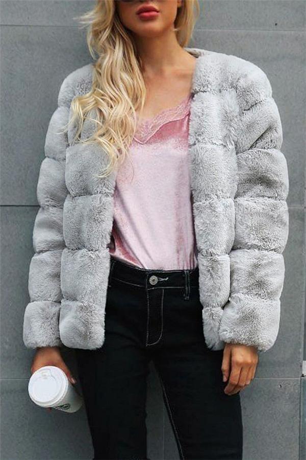Elegant Thick Fluffy Faux Fur Coat - Light Gray Coat Simplee S Lightgray