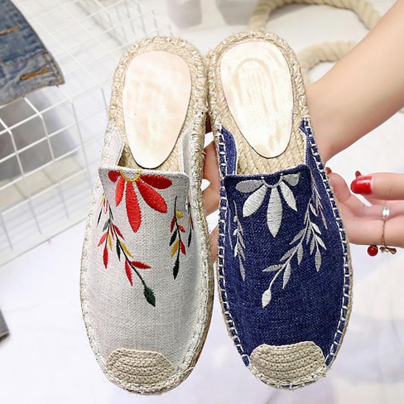 Embroidered Espadrille Flat Slippers Shoes Canvas Low Heel Daily Slip On Sandals Pavacat