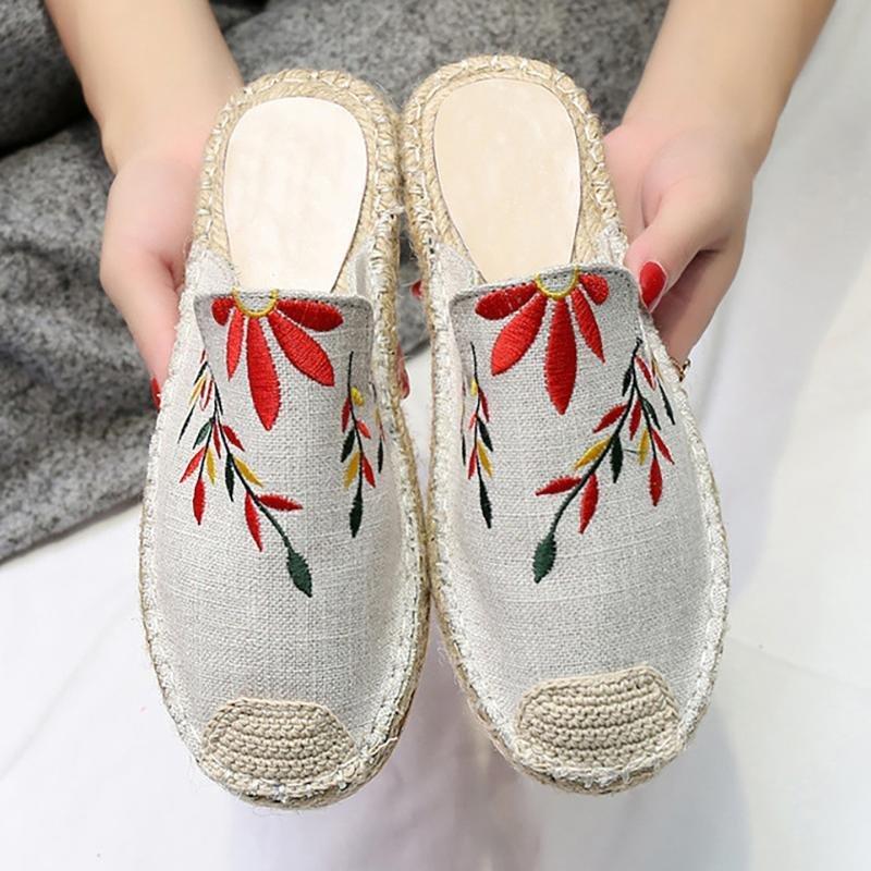 Embroidered Espadrille Flat Slippers Shoes Canvas Low Heel Daily Slip On Sandals Pavacat