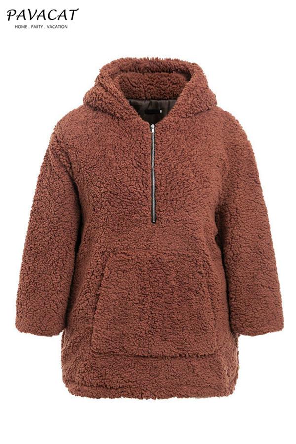 Faux Lambswool Thick Hooded Teddy Coat Pullover Simplee S Brown