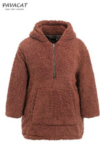 Faux Lambswool Thick Hooded Teddy Coat Pullover Simplee S Brown