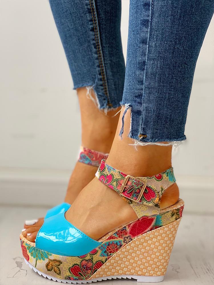 Floral Peep-toe Platform Wedge Sandals Sandals Pavacat