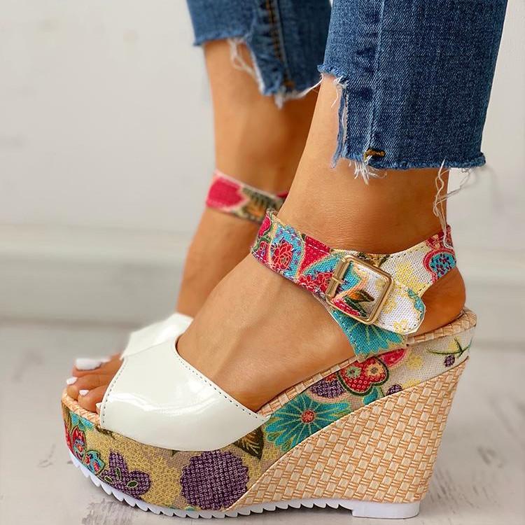 Floral Peep-toe Platform Wedge Sandals Sandals Pavacat