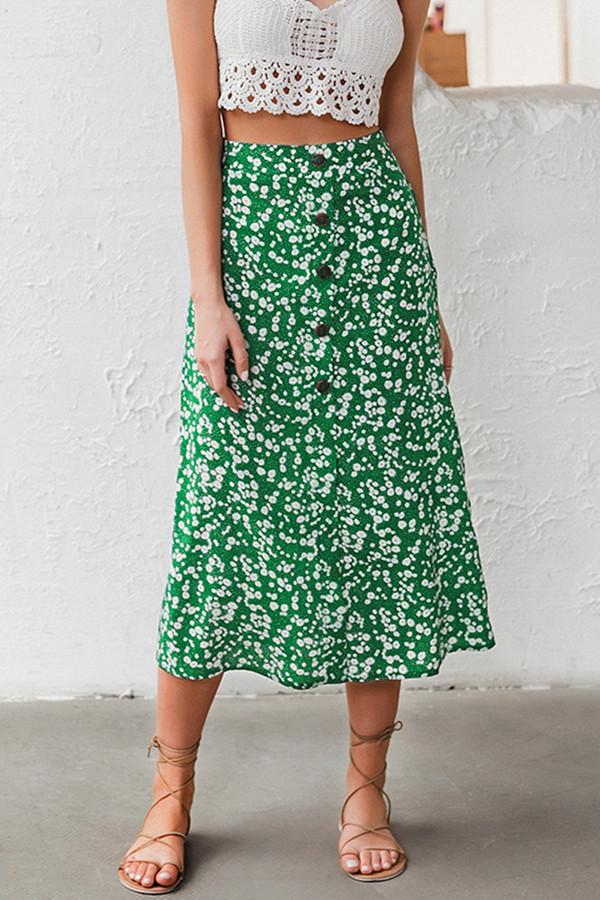 High waist Buttons Floral A-line Skirt - Pavacat