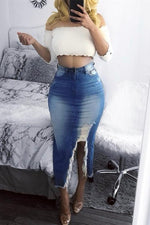High Waist Ripped Destroyed Denim Skirt - Pavacat