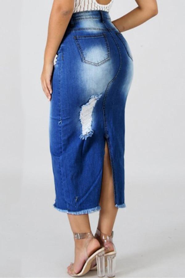 High Waist Ripped Destroyed Denim Skirt - Pavacat