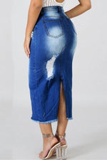 High Waist Ripped Destroyed Denim Skirt - Pavacat