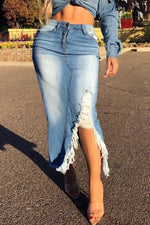 High Waist Ripped Destroyed Denim Skirt - Pavacat