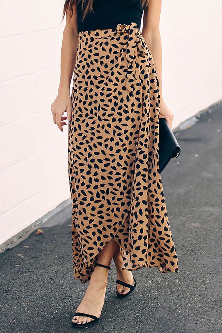High Waist Tie Split Leopard Skirt - Pavacat