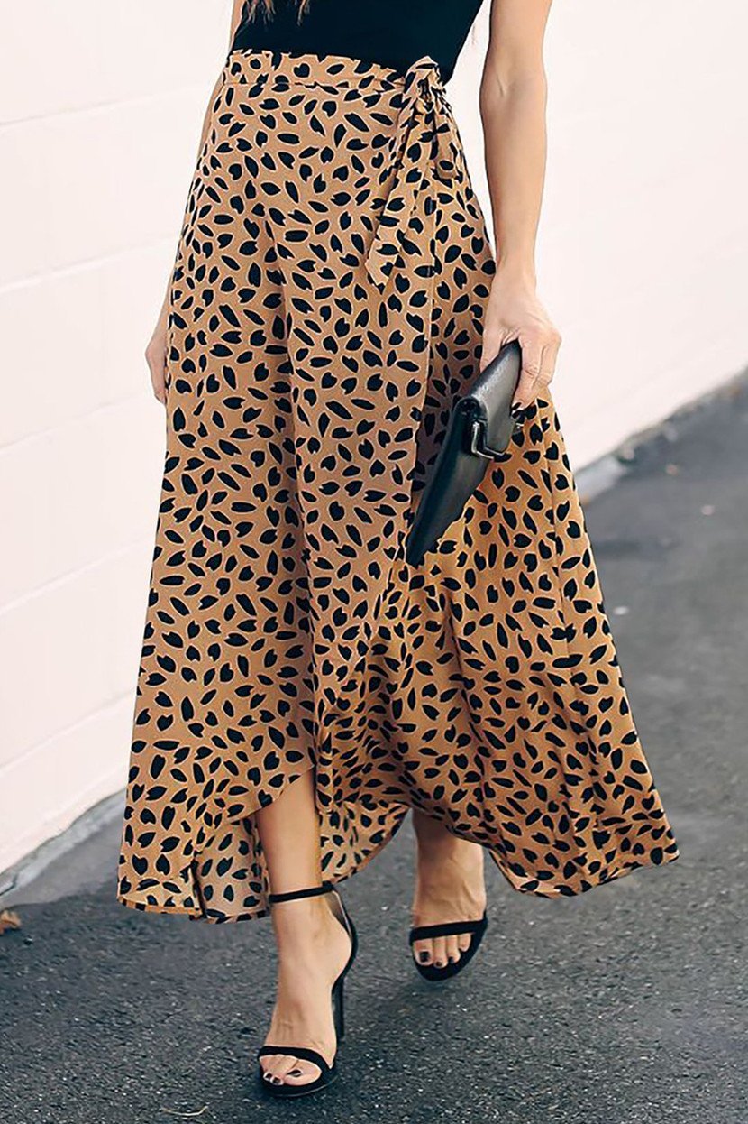 High Waist Tie Split Leopard Skirt - Pavacat