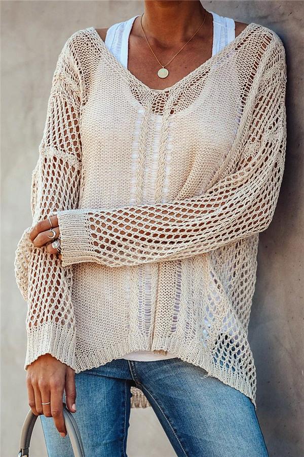 Hollow Out Beach Cover Up Top Pullover 5201901051526 L blanchedalmond