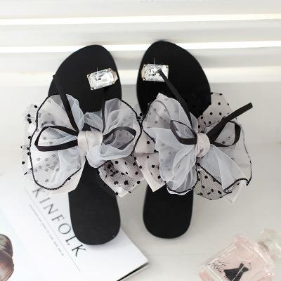 Large Size Summer Rhinestone Lace Organza Bow Knot Flat Slippers - Pavacat