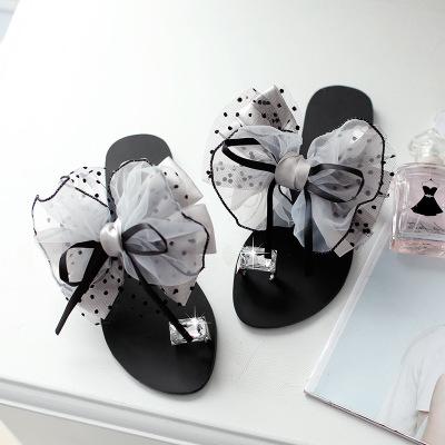 Large Size Summer Rhinestone Lace Organza Bow Knot Flat Slippers - Pavacat