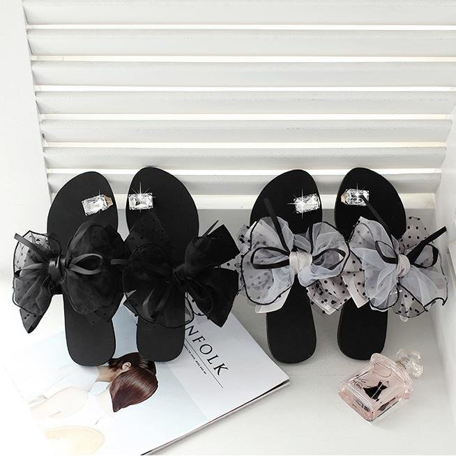 Large Size Summer Rhinestone Lace Organza Bow Knot Flat Slippers - Pavacat