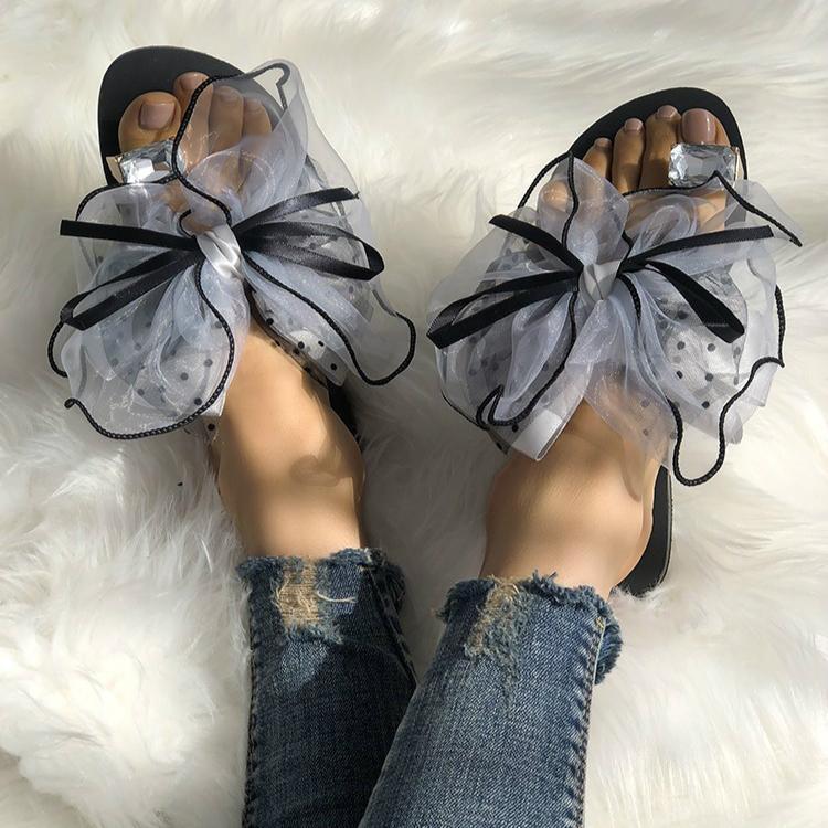 Large Size Summer Rhinestone Lace Organza Bow Knot Flat Slippers - Pavacat